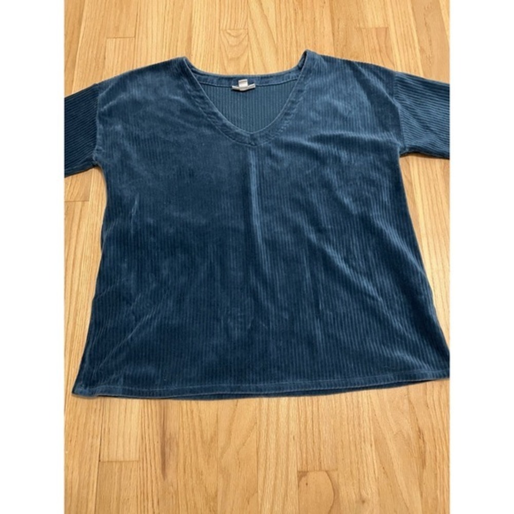 J. Jill Teal Blue Ribbed Velour V-Neck Long Sleeve Top Medium Relaxed Pullover - Picture 2 of 4